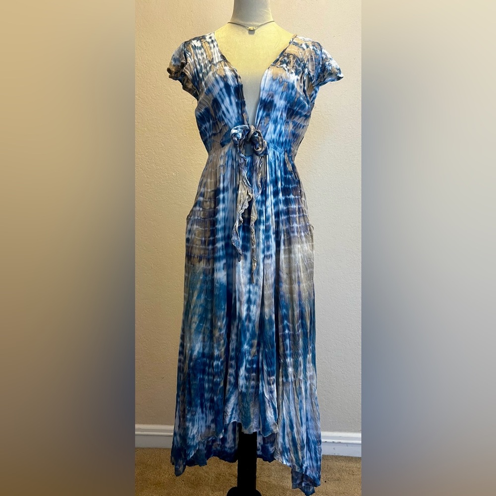NWT Gorgeous Tiare Hawaii Blake Maxi Sundress in Blue, Tan & White dyed, O/S